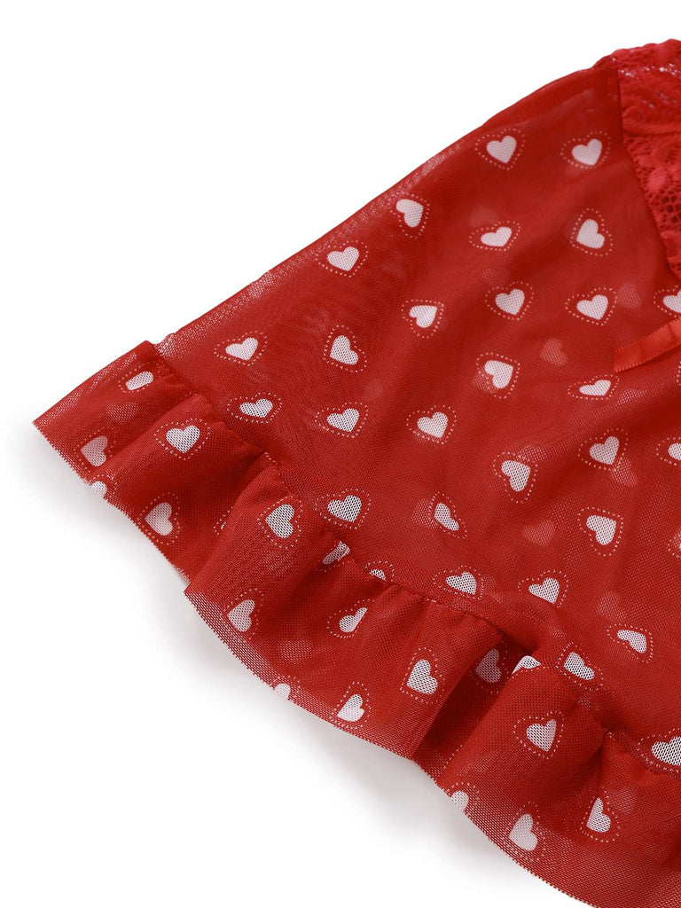 2PCS Rot 1960er Herz Bogen Rüschen Valentinstag Pyjama