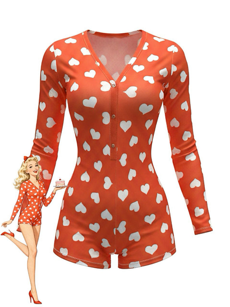 1980er V-Ausschnitt Herz Slip Drucken Romper Pajama