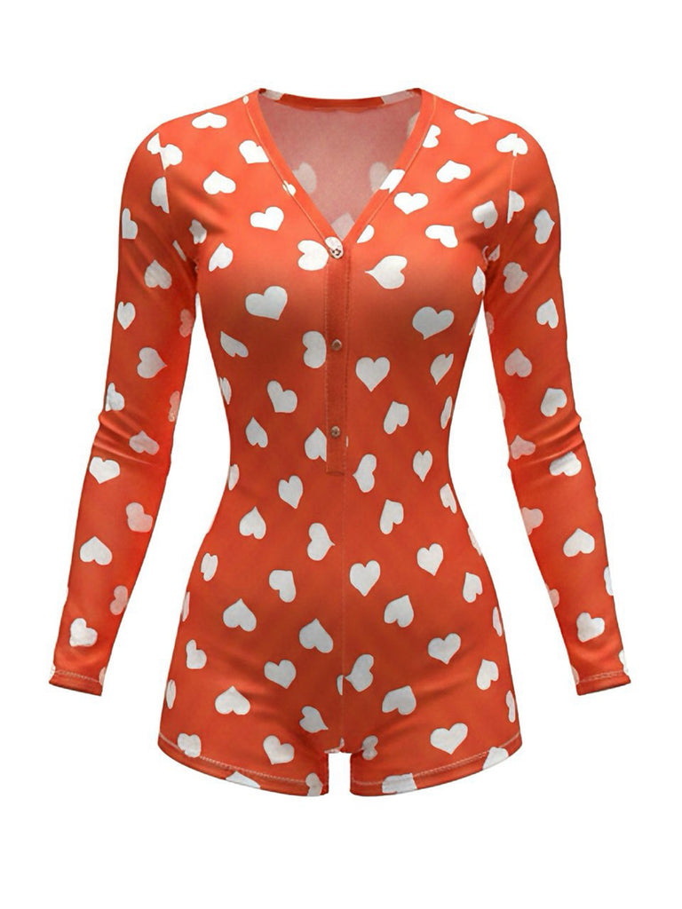 1980er V-Ausschnitt Herz Slip Drucken Romper Pajama