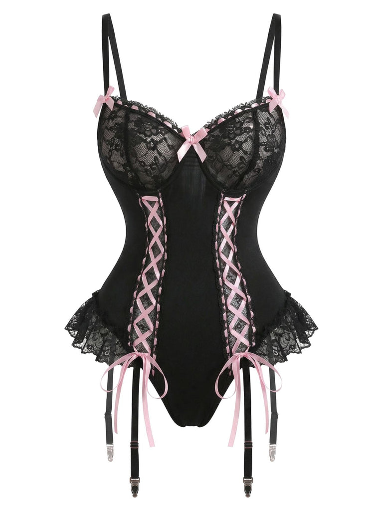 Schwarz 1960er Spitze Bogen Korsett Unterwäsche mit Netz Strümpfe