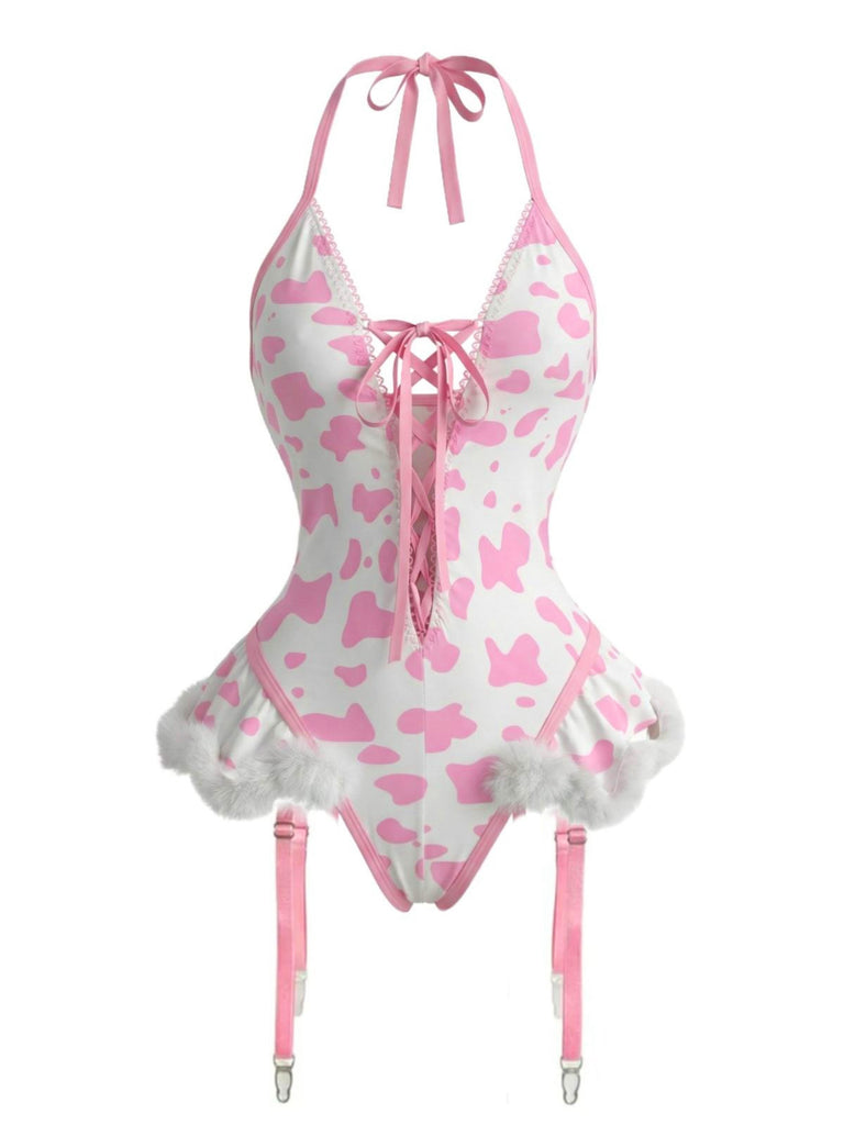 1960er Kuhflecken Halter Schnürung Plüsch Dessous Set