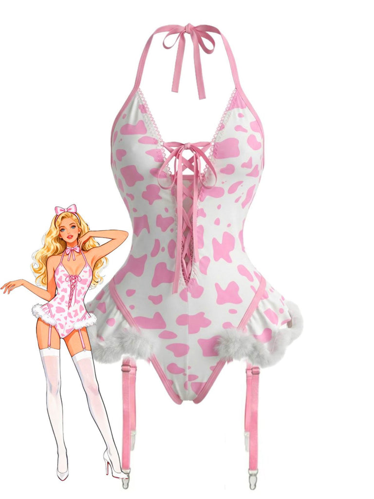 1960er Kuhflecken Halter Schnürung Plüsch Dessous Set