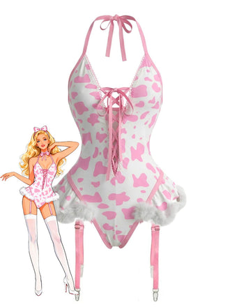 1960er Kuhflecken Halter Schnürung Plüsch Dessous Set