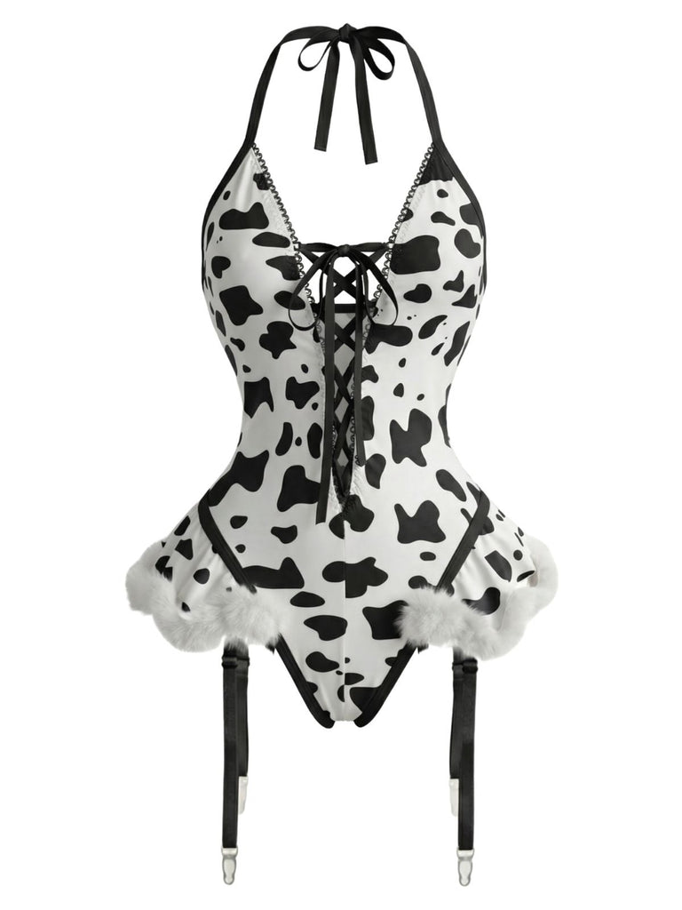 1960er Kuhflecken Halter Schnürung Plüsch Dessous Set