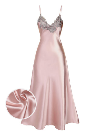 Rosa 1930er Bestickt Kunstsatin Riemen Nachthemd