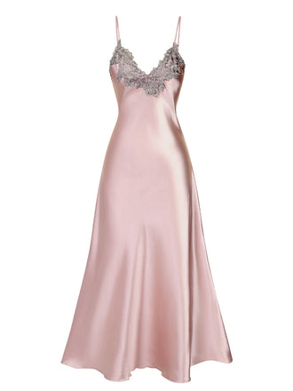 Rosa 1930er Bestickt Kunstsatin Riemen Nachthemd