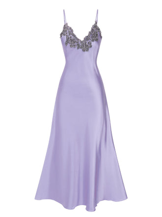 Lila 1930er Bestickt Kunstsatin Riemen Nachthemd