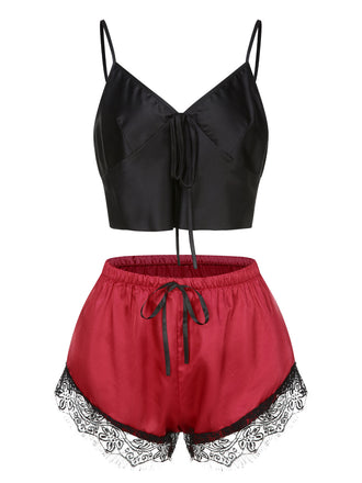 Schwarz & Rot 1950er Spaghetti Träger Spitze Nachtwäsche