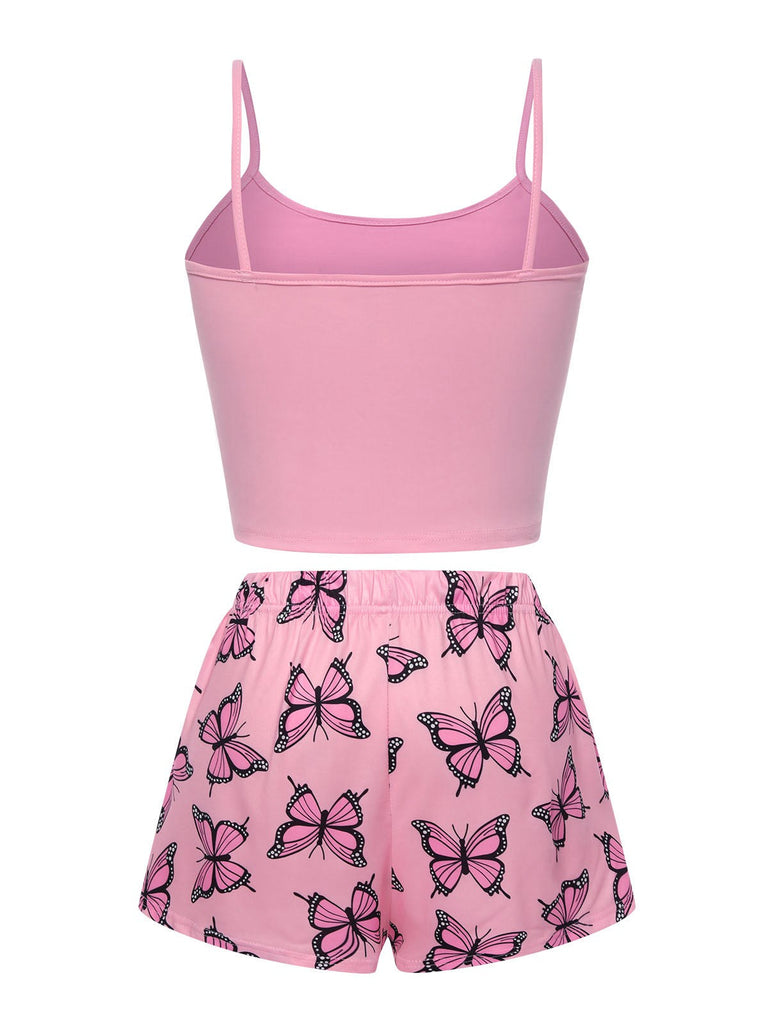 Rosa 1970er Spaghetti Träger Schmetterling Pyjama