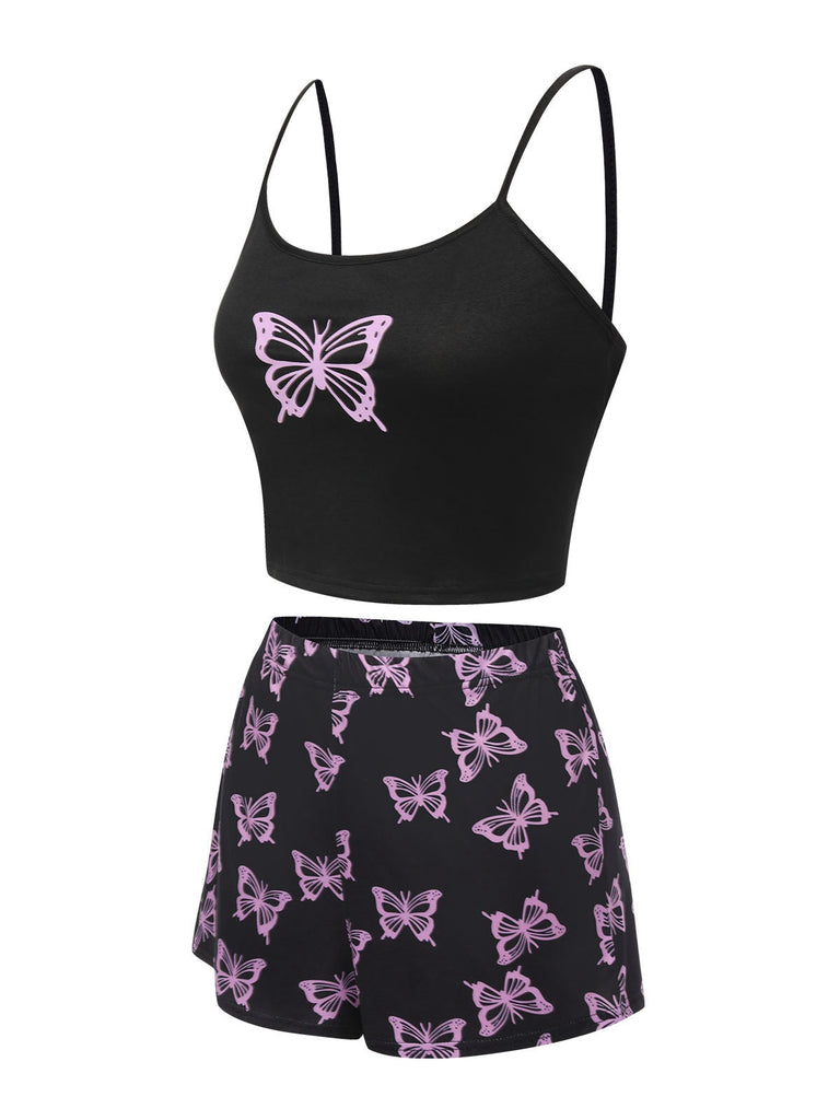 Rosa 1970er Spaghetti Träger Schmetterling Pyjama