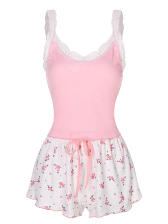 Rosa 1950er Blumen Spitze Patchwork Nachtwäsche