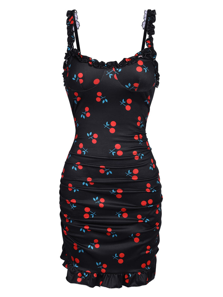 1960er Rot Kirsche Gerüscht Saum Träger Nachthemd