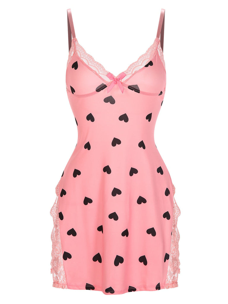 Rosa 1950er Spaghetti Träger Spitze Herzen Nachthemd