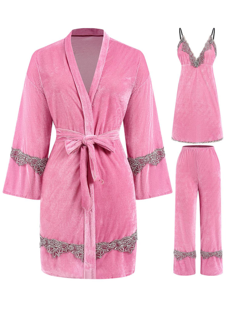 3PCS 1960er Rosa Spitze Samt Pyjama Set