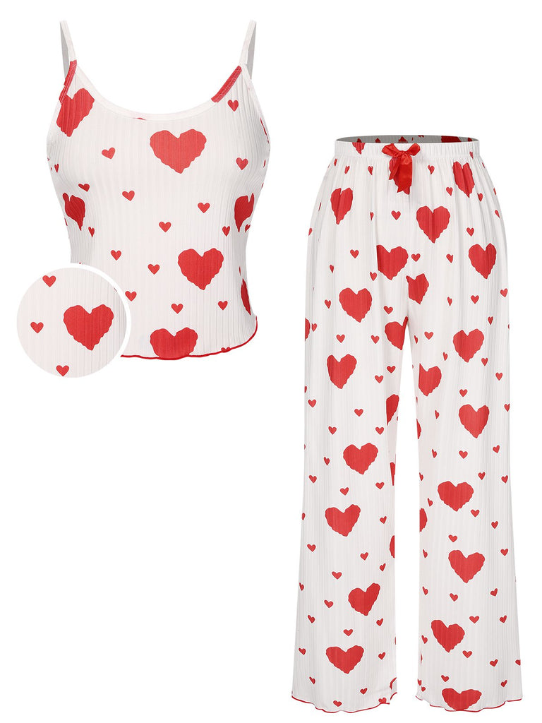 Rot 1970er Herzen Stricken Spaghetti Träger Pyjama