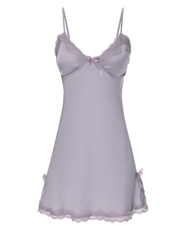 Lila 1950er Solide Spitze Träger Nachtwäsche