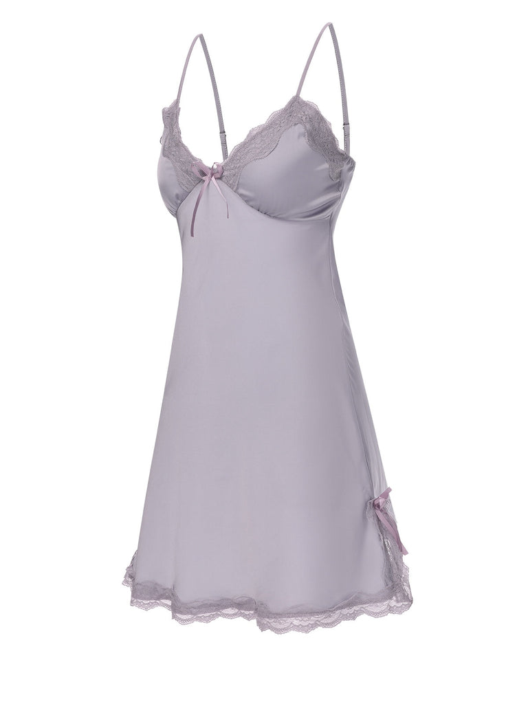 Lila 1950er Solide Spitze Träger Nachtwäsche