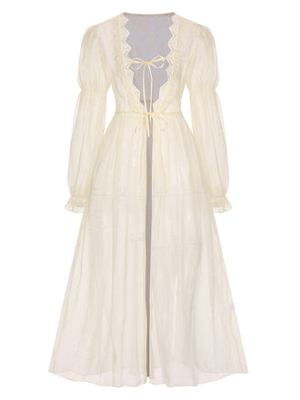 Aprikose 1950er Spitzenbesatz Laternenärmel Robe