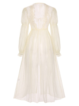 Aprikose 1950er Spitzenbesatz Laternenärmel Robe