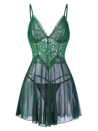 Grün 1960er Spaghetti Träger Spitze Transparent Nachthemd