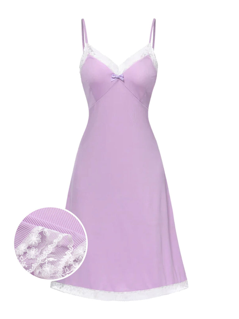 [Vorverkauf] Lila 1930er Strick V-Ausschnitt Spitze Nachthemd