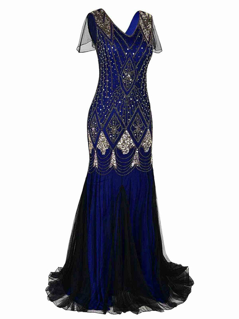 Blau 1920er Pailletten Maxi Klappe Kleid