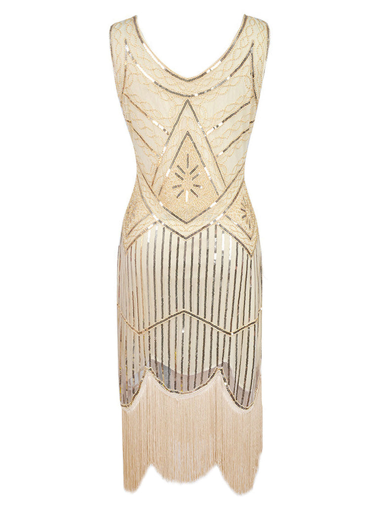APRIKOSE 1920ER PAILLETTEN FRANSEN FLAPPER KLEID MIT PERLEN