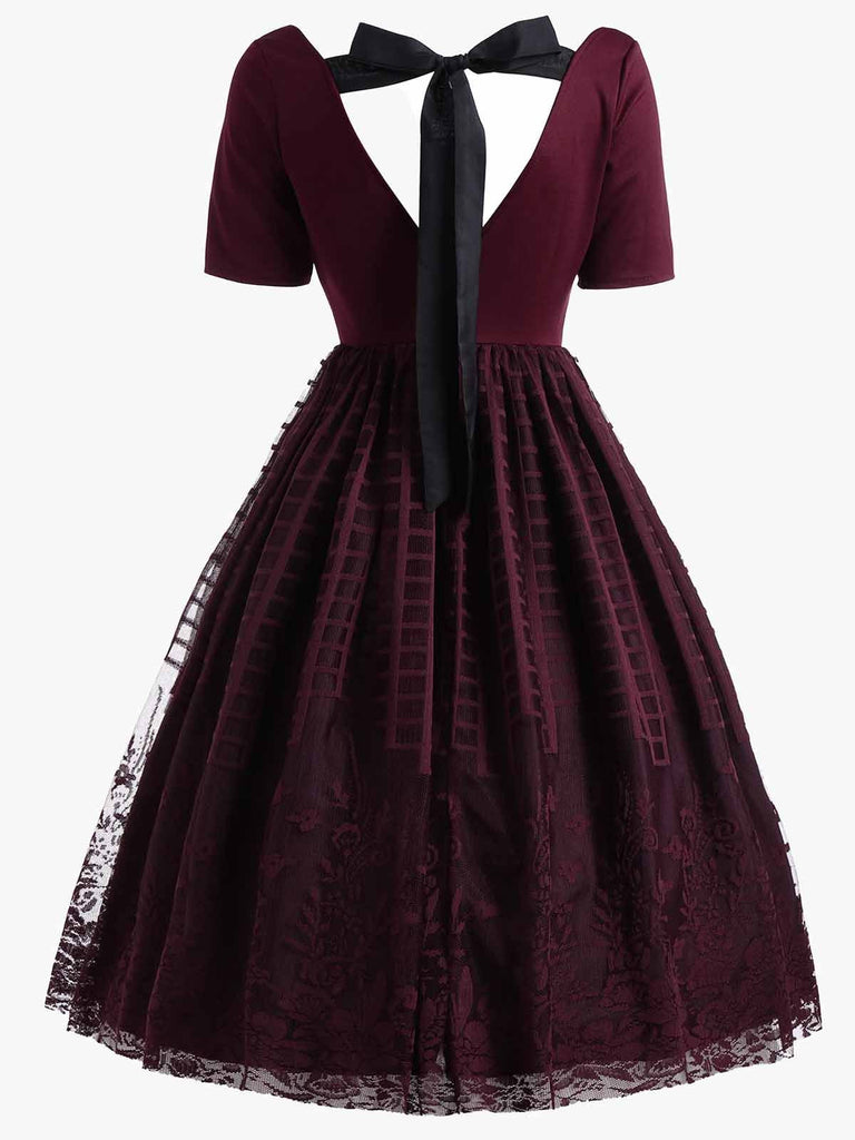 [Übergröße] Weinrot 1950er Spitze Kleid