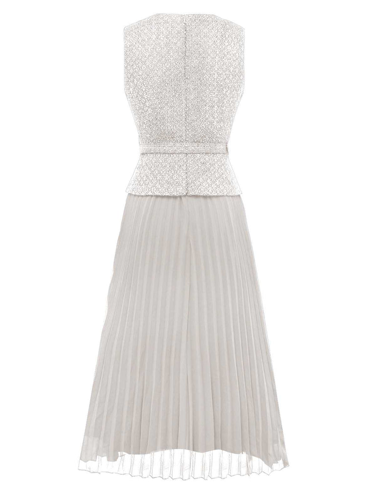 1960er Perle Taste Gürtel Ärmellos Plissiertes Kleid