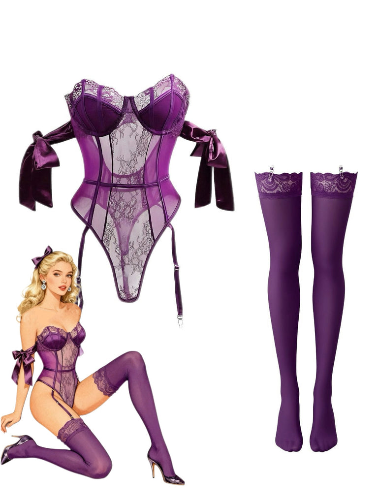 1980er Solide Schleife Bodysuit Pajama Mit Strümpfe