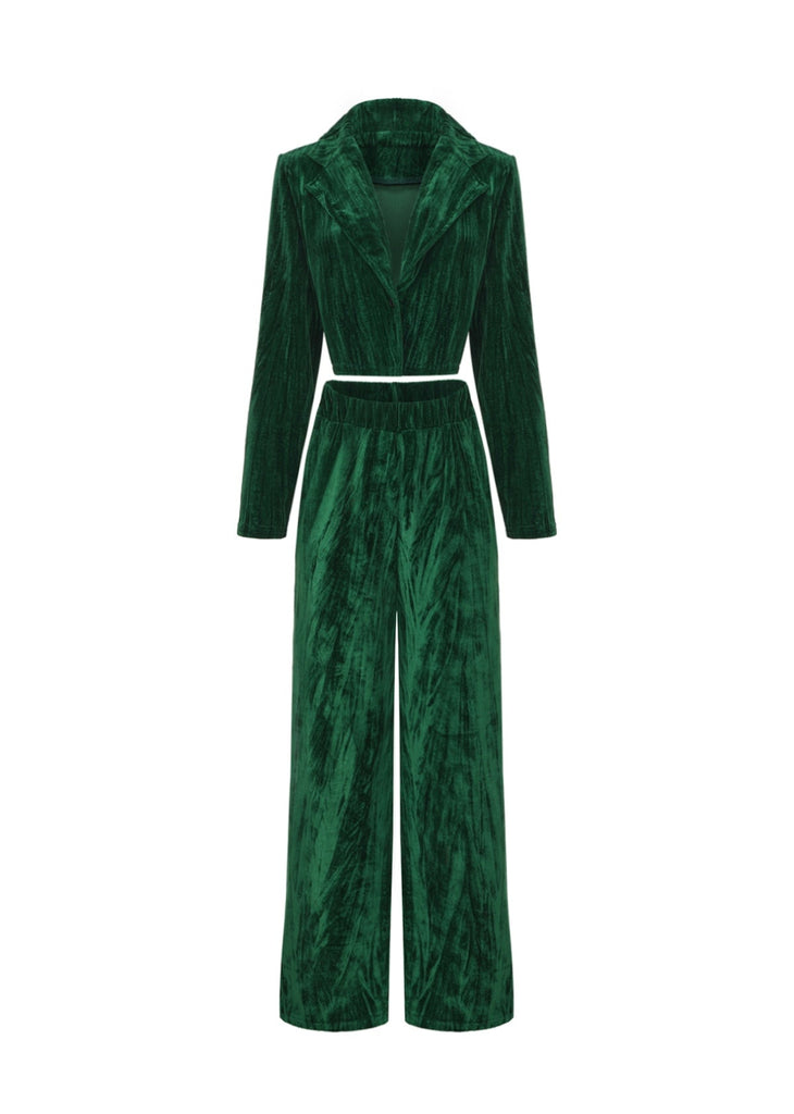 2PCS Grün 1980er Solide Plissiertes Flanell Blazer & Weites Bein Hose