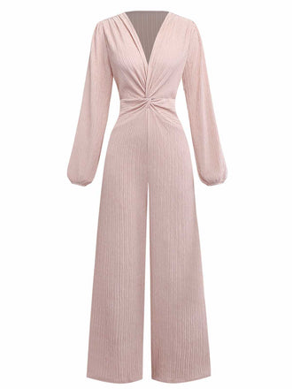 1970er Solide V-Ausschnitt Twist Langarm Jumpsuit