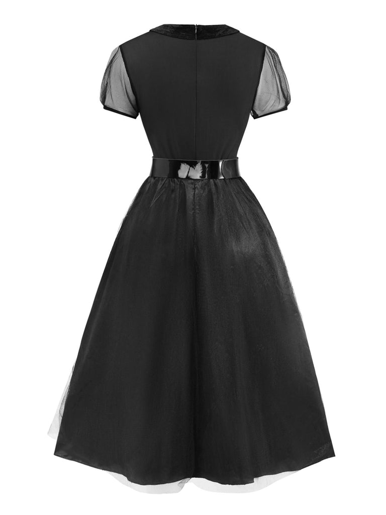 Schwarz 1940er Peter Pan Kragen Sheer Gürtel Tulle Kleid