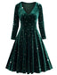 Dunkelgrün 1940er V-Ausschnitt Stern Samt Kleid