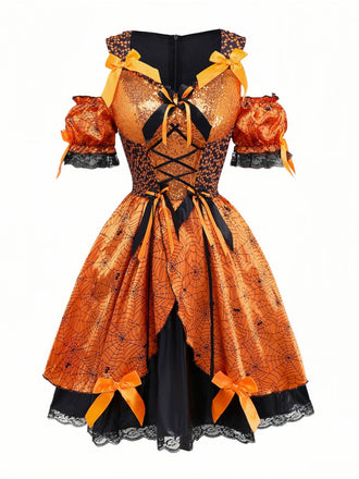 Orange 1960er Halloween Kürbis Spinnennetz Puffärmel Kleid