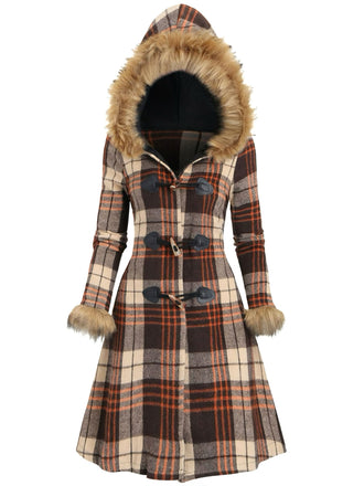 1940er Plaid Toggle Kunstpelzbesatz Hooded Mantel