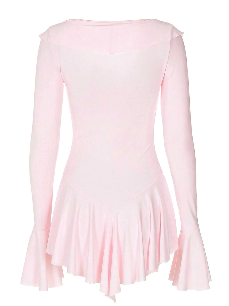 Rosa 1960er V-Ausschnitt Rüschen Ausgestellt Ärmel Kleid