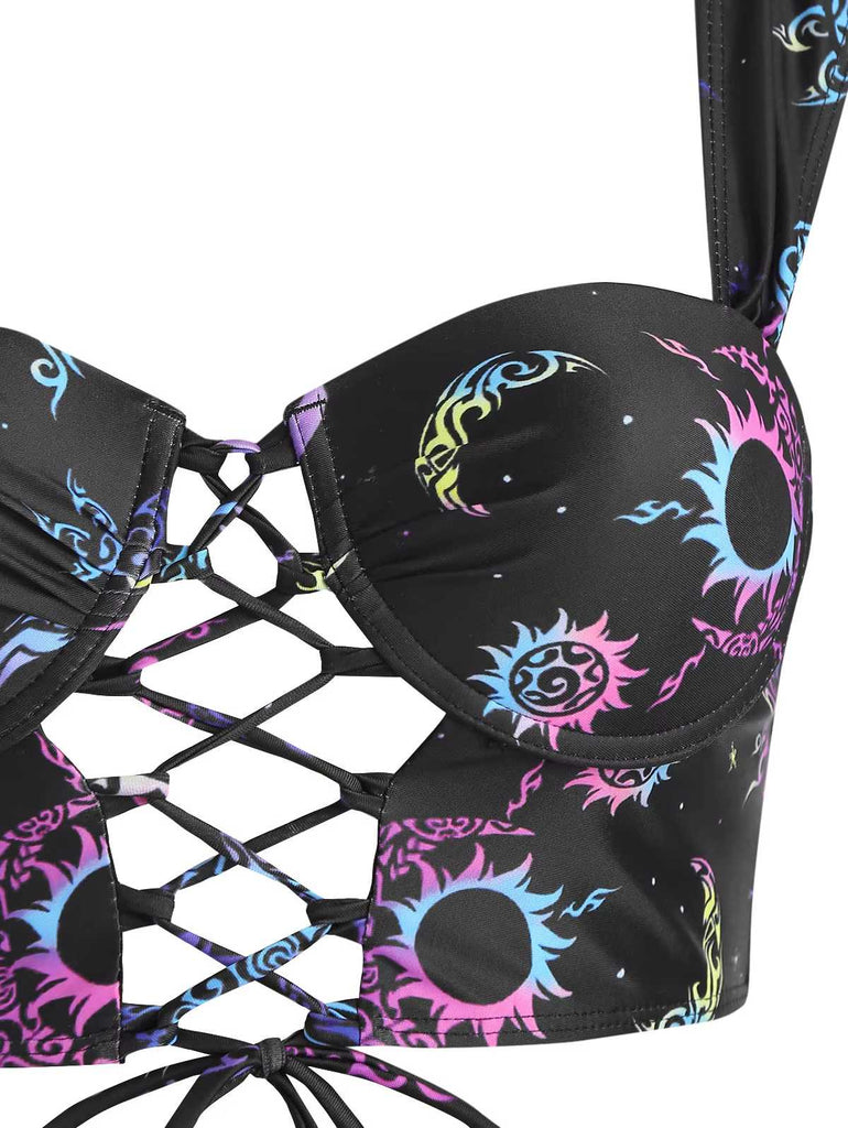 Schwarz 1980er Gurt Neon Nebula Print Gothic Bikini Set