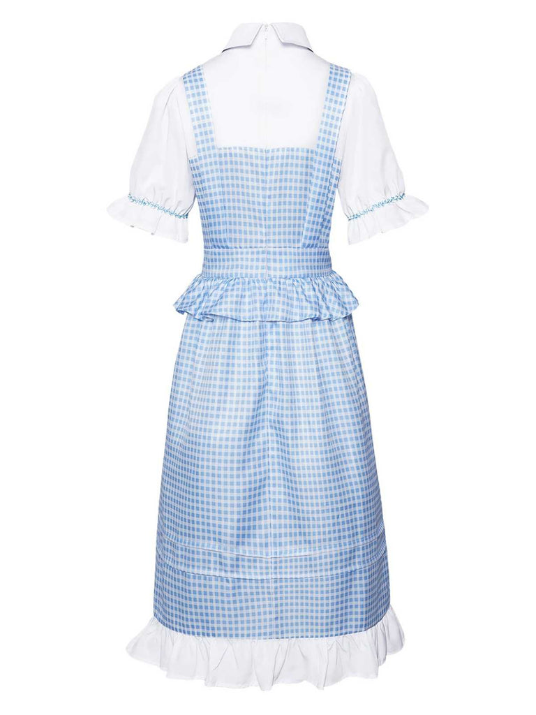 Blau 1970er Gingham Rüschen Puffärmel Kostüm Kleid