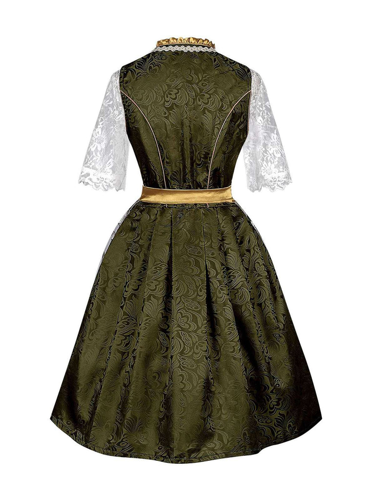 3PCS Grün 1950er Oktoberfest Dirndl Spitze Top & Jacquard Schleife Kleid