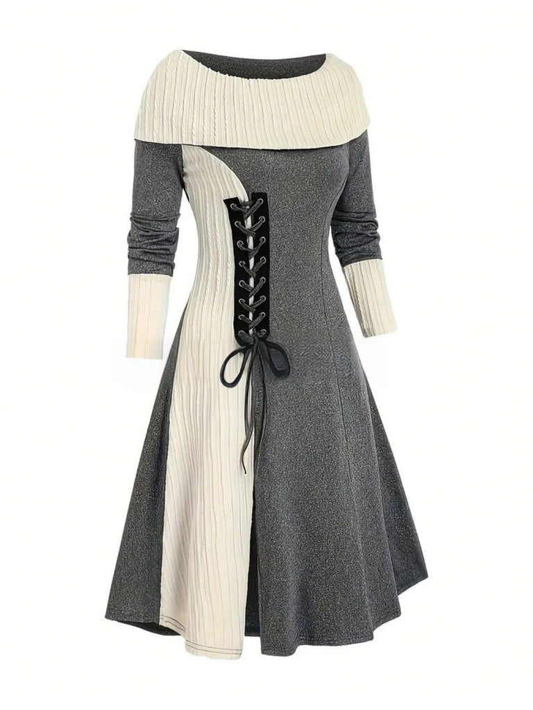 1940er Schnürung Farbblock Schulterfrei Kleid
