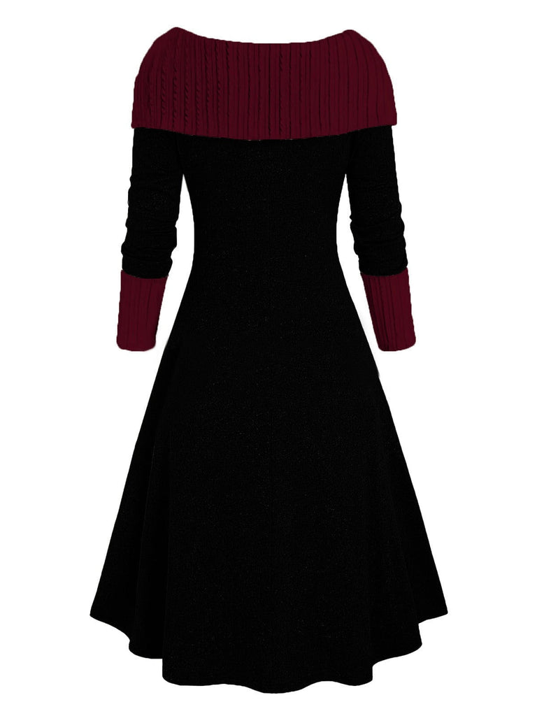 1940er Schnürung Farbblock Schulterfrei Kleid