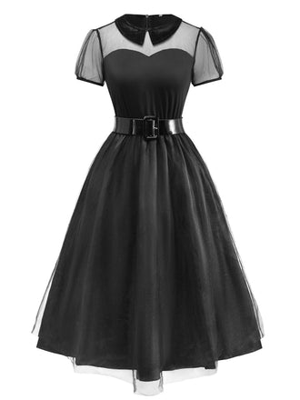 Schwarz 1940er Peter Pan Kragen Sheer Gürtel Tulle Kleid