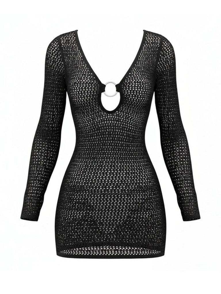 1980er Häkeln Stricken Cutout Ring Langarm Cover-Up