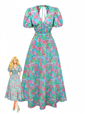 Grün 1970er Boho Blumen V-Ausschnitt Kleid