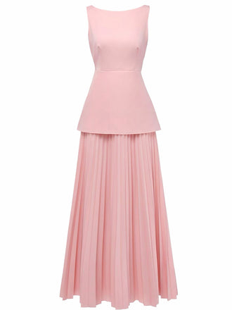 2PCS 1930er Ärmellos Bootskragen Gestrickt Top & Plissiertes Maxi Rock