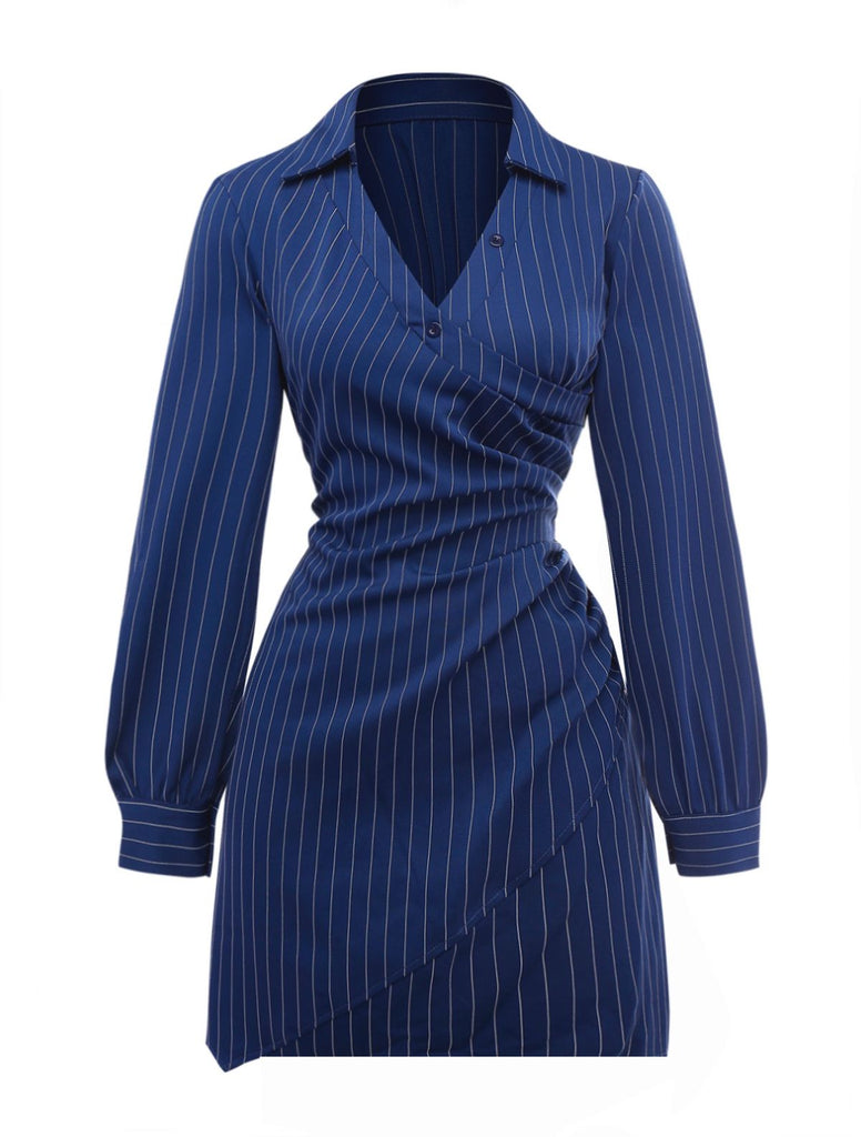 Blau 1960er V-Ausschnitt Wickeln Streifen Hemd Kleid