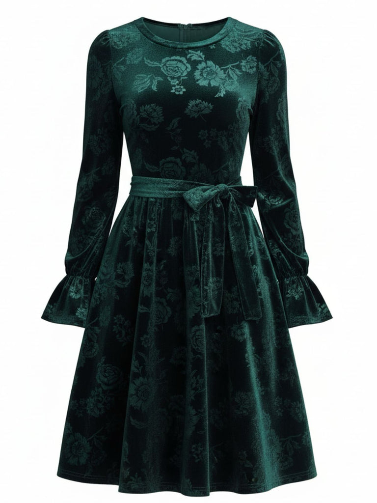 Grün 1960er Samt Rose Jacquard Kleid