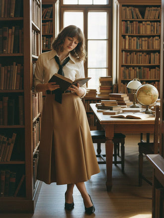 Khaki 1930er Streifen Revers Abnehmbare Krawatte Kleid