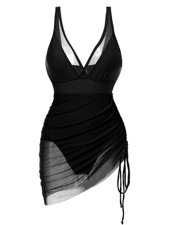 1950er Träger Sheer Netz Solide Badeanzug